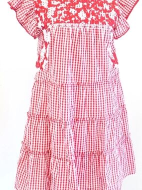 Red Gingham Tiered Mini Dress with Lace Trim SIZE S